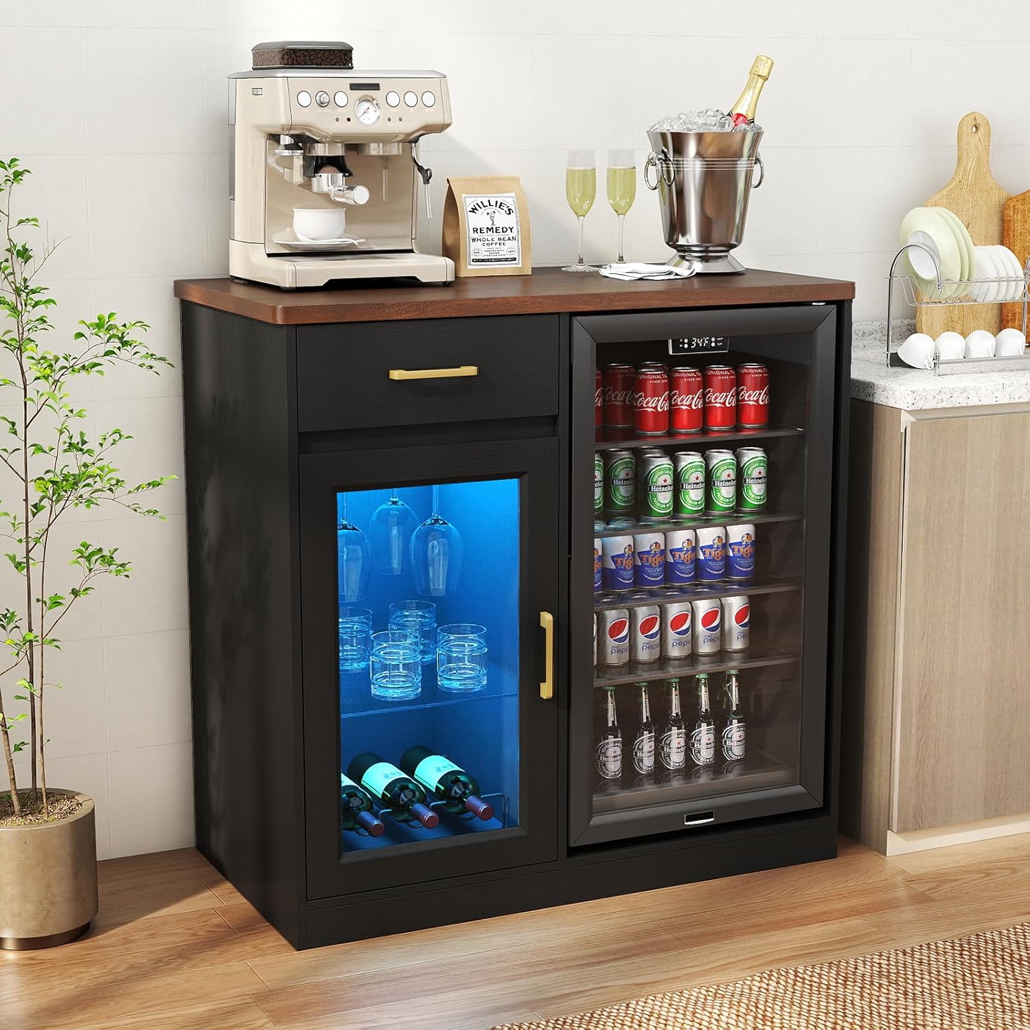 Kitchen Appliances Outlet - Coffee Bar with Mini Fridge Space,